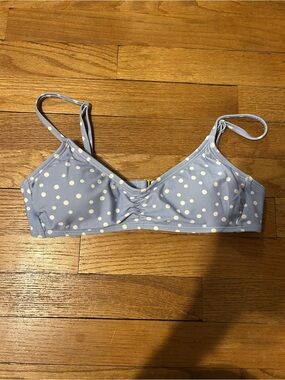 blue and white polka dot bikini top